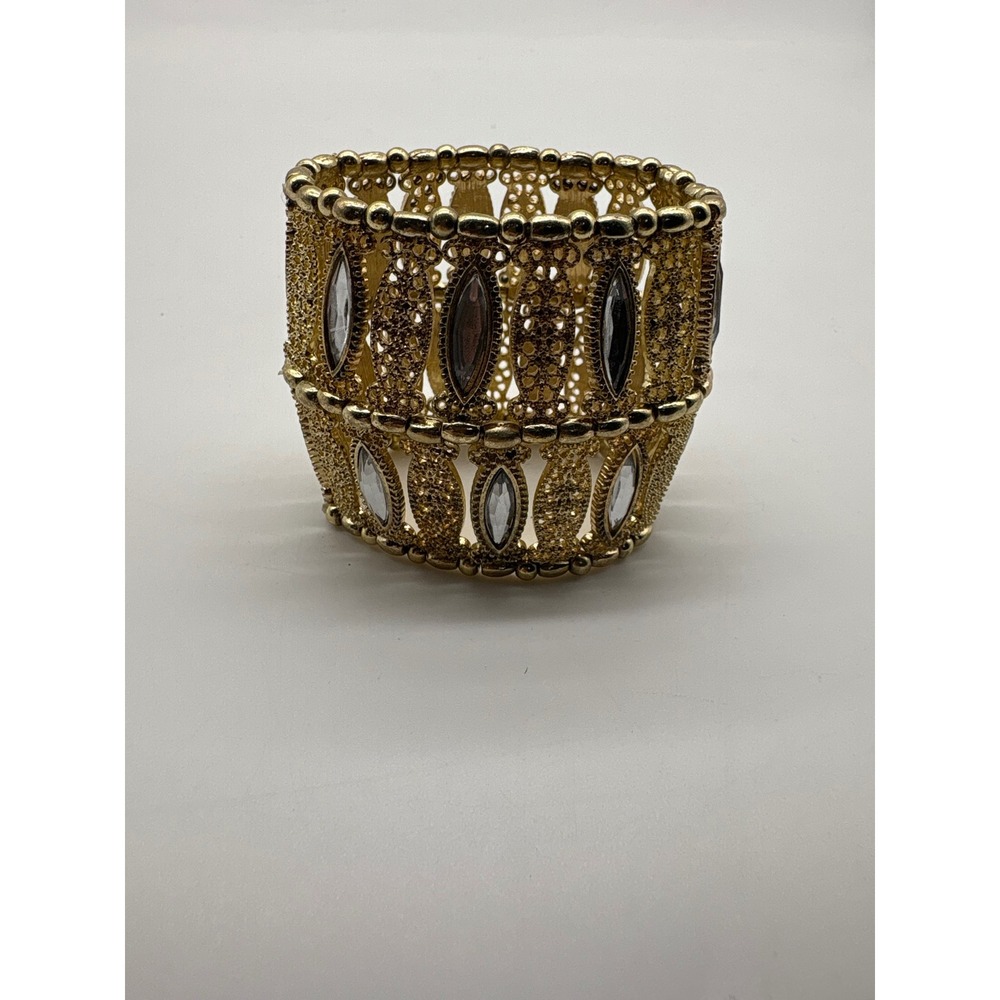 Gold Tone Filigree Stretch Cuff Bracelet Wide Marquise Clear Rhinestone Vintage